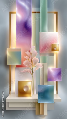 Abstract Geometric Composition with Soft Pastel Colors and Floral Element in Modern Design Aesthetic