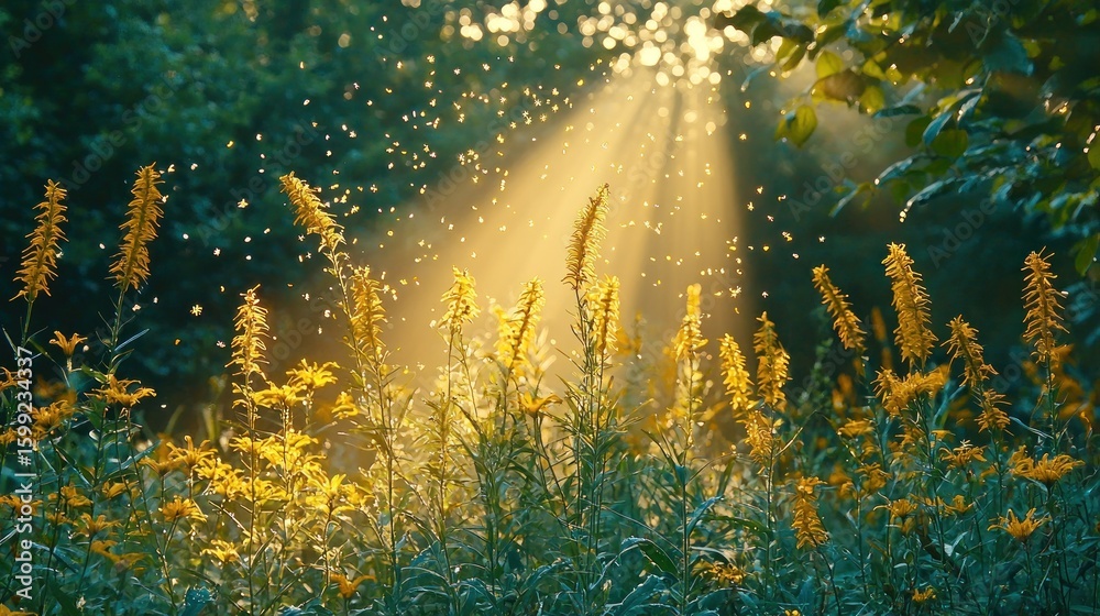Obraz premium Golden wildflowers bathed in morning sunbeams