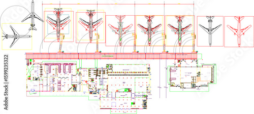 Vector sketch illustration silhouette architectural design section view interior plan site plan airport layout with track for airplane runway 