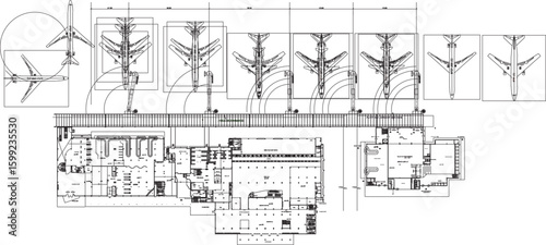 Vector sketch illustration silhouette architectural design section view interior plan site plan airport layout with track for airplane runway 