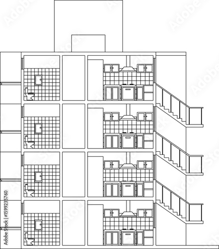 Vector sketch illustration silhouette architectural design section view interior plan site plan layout simple multi-storey apartment building