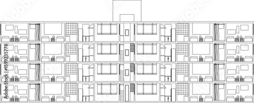 Vector sketch illustration silhouette architectural design section view interior plan site plan layout simple multi-storey apartment building 