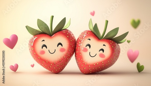Couple cute strawberry fruit with smile character and love decoration