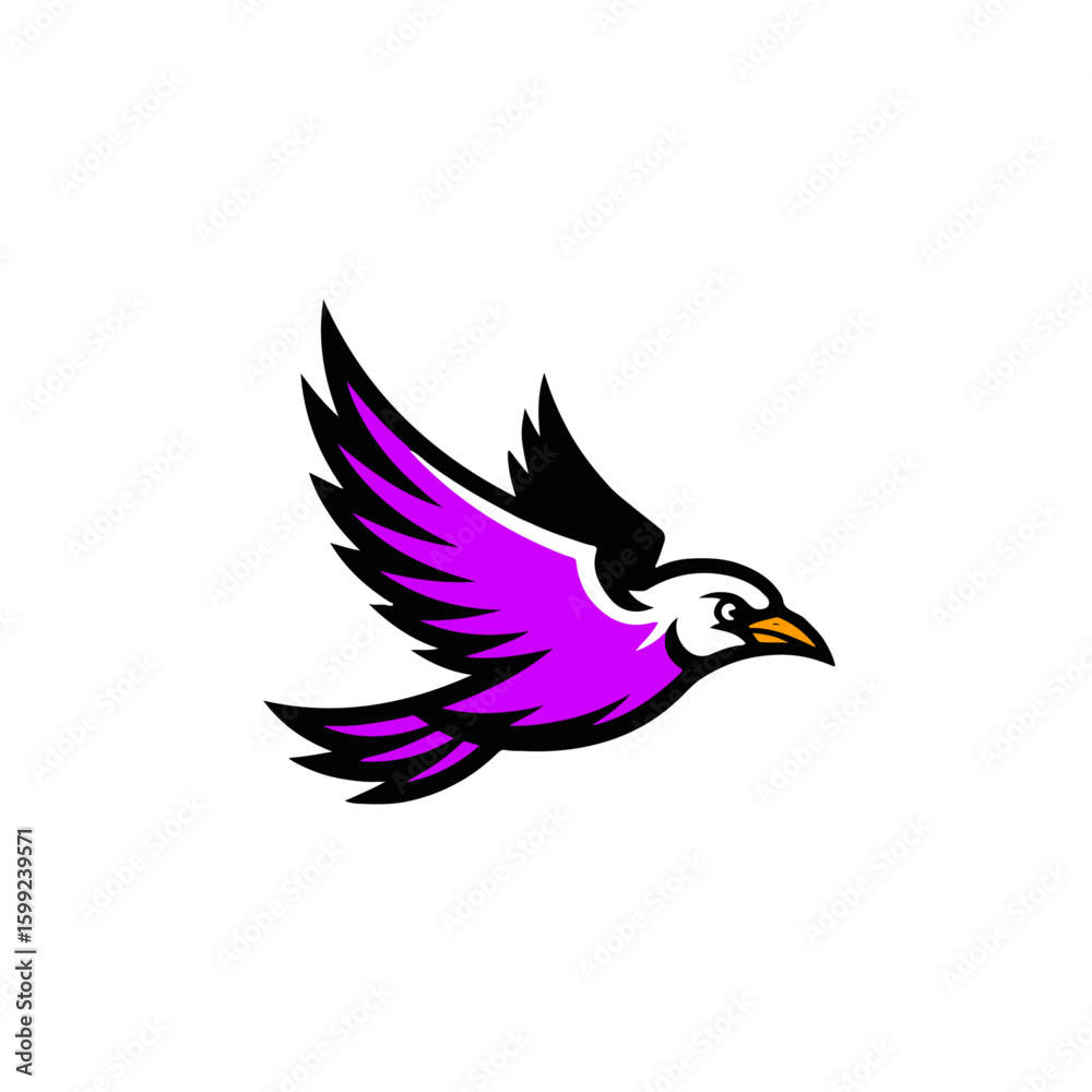Obraz premium Flying Purple Bird Bold Cartoon Animal in Motion Illustration