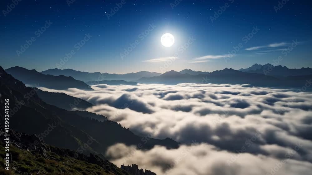 Majestic moonlight mountainscape view of clouds rolling over peak at night
