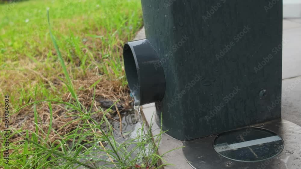 Rainwater flowing from a drainpipe onto the grass in a garden Rainwater flowing from a drainpipe onto the grass in a garden