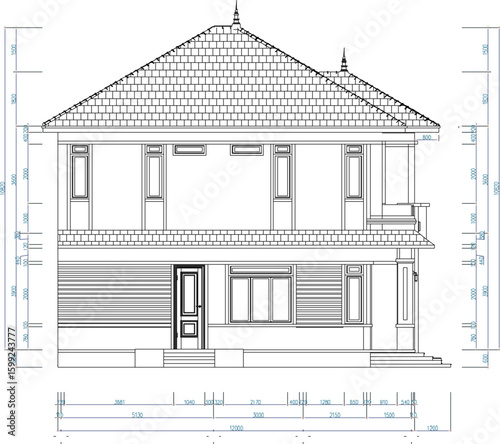 Vector sketch illustration silhouette drawing of architectural design landscape plan site plan layout section view facade of a simple two-story house with scale size