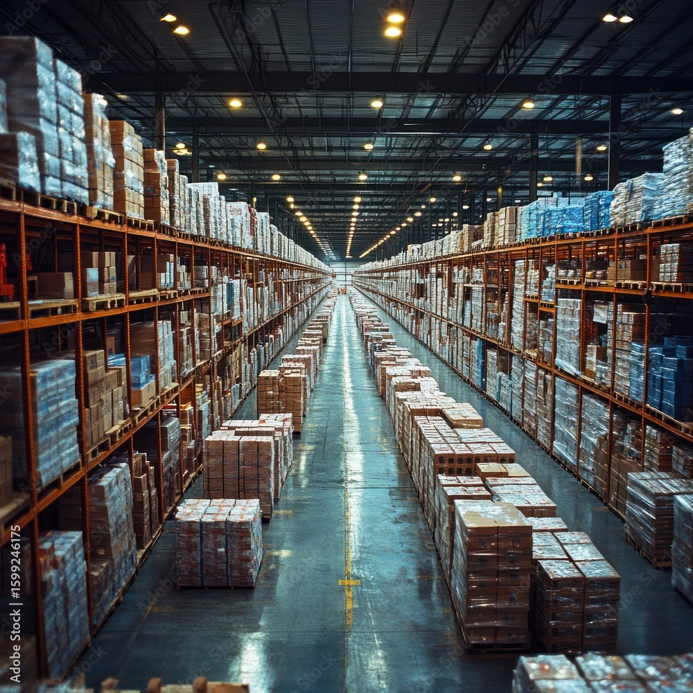 Warehouse Interior: Rows of Pallets and Boxes in a Modern Distribution Center Warehouse Interior: Rows of Pallets and Boxes in a Modern Distribution Center