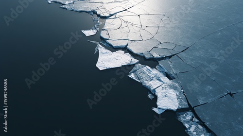 Aerial view of cracked ice sheets floating on dark water, depicting melting or breaking ice in a cold environment.