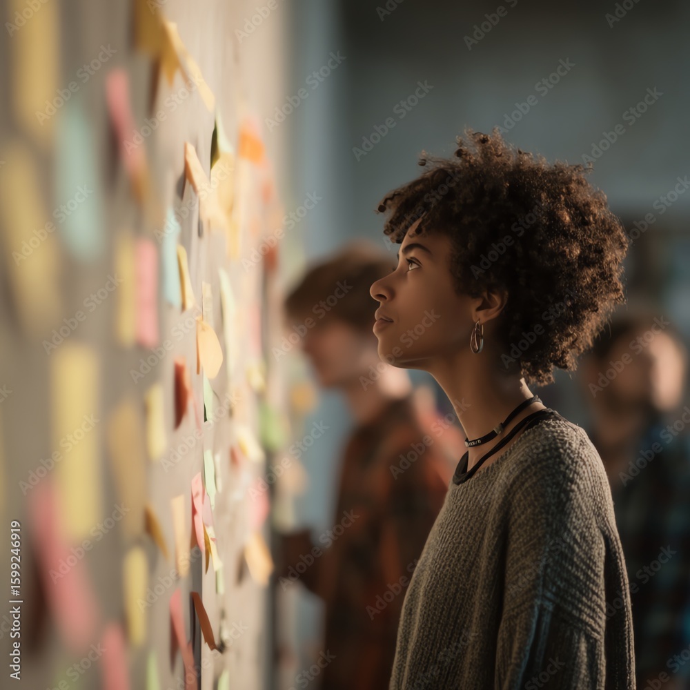 Fototapeta premium A woman attentively studies colorful sticky notes on a wall, likely brainstorming or planning in a collaborative workspace.