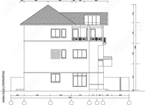 Vector sketch illustration silhouette drawing architectural design interior plan site plan layout section view facade of a simple two-story house with furniture and scale size 