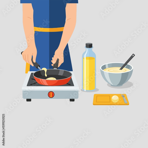 Person Frying Food in Red Pan on Stove with Batter and Oil