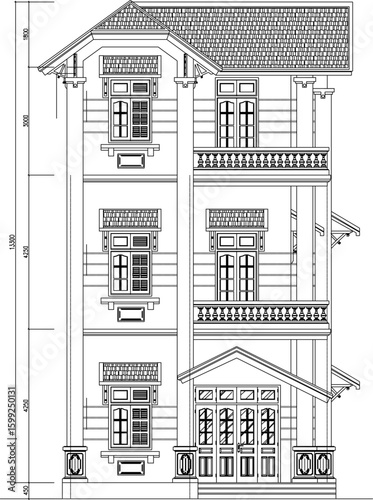 Vector sketch illustration silhouette drawing architectural design interior plan site plan layout section view facade of two-story classic vintage ethnic house with furniture and size scale
