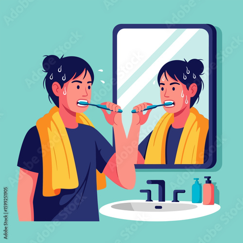 Sweaty Person Brushing Teeth in Bathroom, Morning Routine Illustration