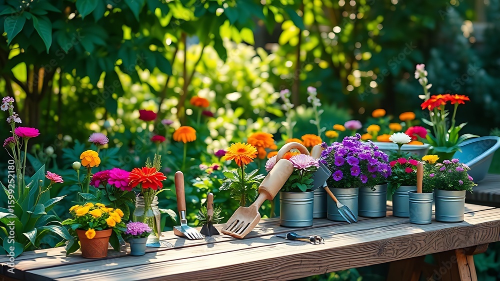 Fototapeta premium Colorful garden flowers and small tools neatly arranged on a wooden bench under soft sunlight.