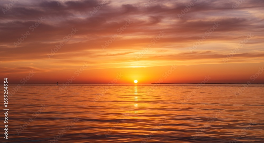 Fototapeta premium Vibrant Orange Sunset Over Calm Ocean Water