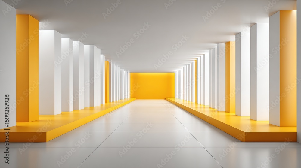 Obraz premium Bright corridor with white pillars and yellow walls in minimalist design