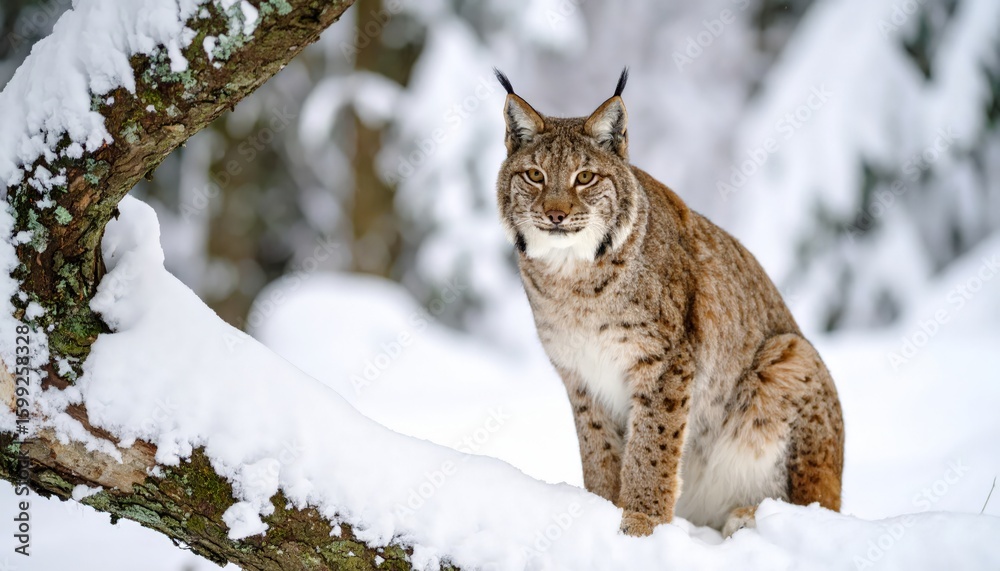 Obraz premium Eurasian lynx sits in a snow laden tree