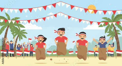 Happy children with red and white headbands participate in a festive sack race celebrating Indonesian independence, smiling and jumping.