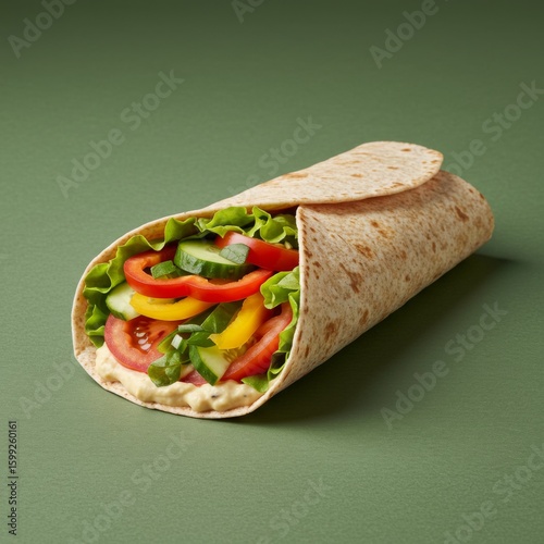 Vegetable Wrap with Hummus on Green Background
