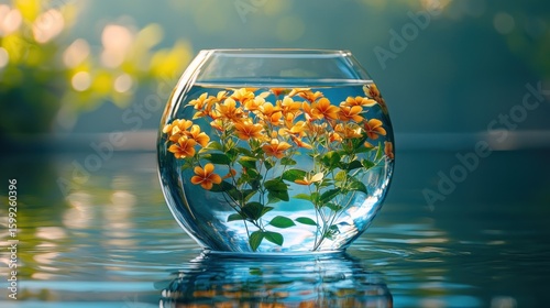 Serene Still Life: Yellow Flowers in a Glass Bowl by the Water
