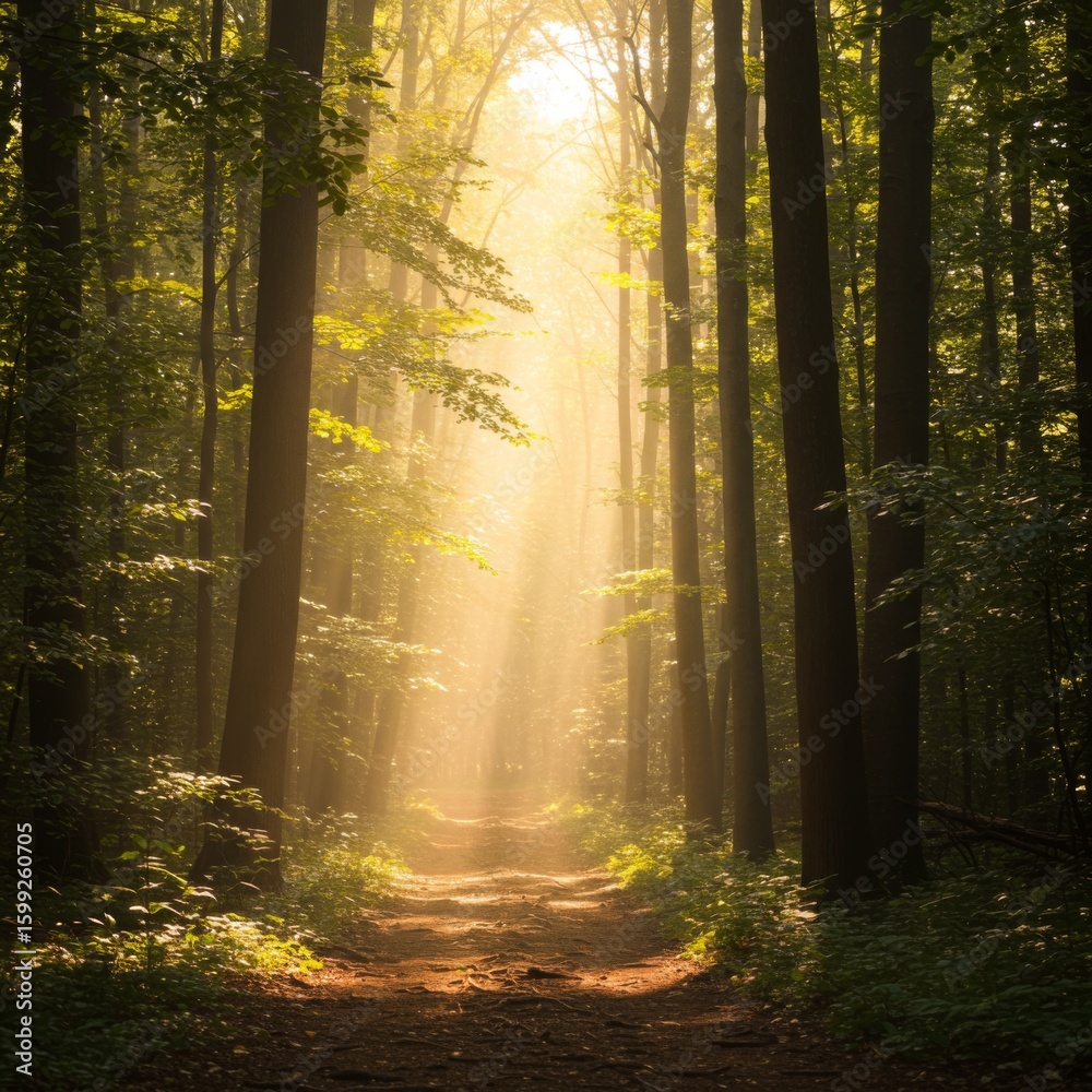 Obraz premium Sunlit Path Through Misty Forest
