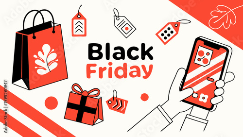 Illustration of black friday sale with shopping bag gift tags and person using phone for online deals