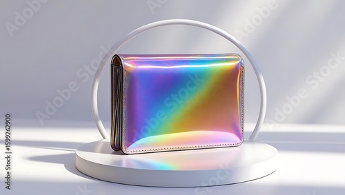 Holographic rainbow wallet on display pedestal