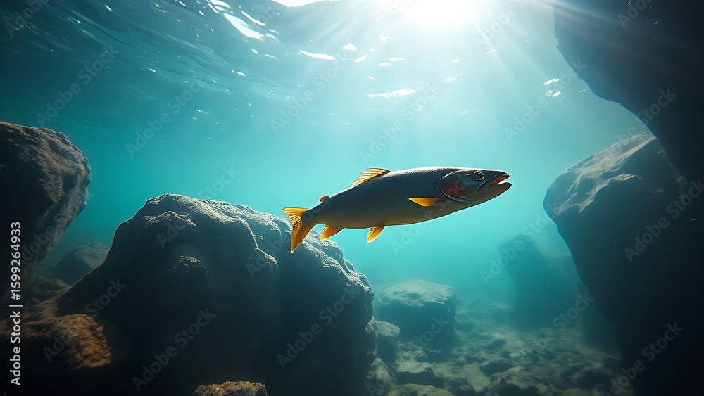 Fototapeta premium A trout swimming near submerged rocks in a tranquil underwater scene with sunlight.
