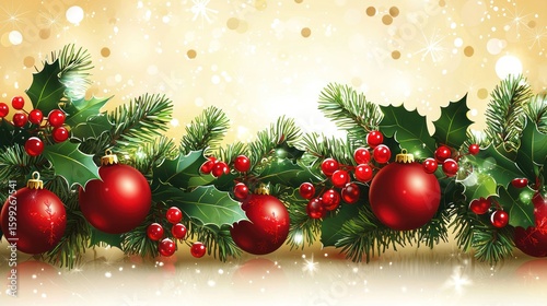 Merry Christmas Festive Garland with Red Ornaments and Holly Berries