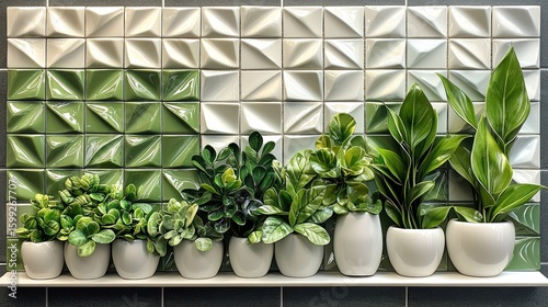 Indoor Greenery: A Modern Arrangement of Potted Plants Against a Geometric Tile Backsplash
