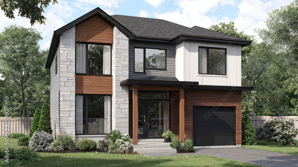 Modern two-story home with stone and wood siding, front view Modern two-story home with stone and wood siding, front view
