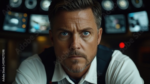Intense Gaze: A Man's Serious Portrait in a Control Room