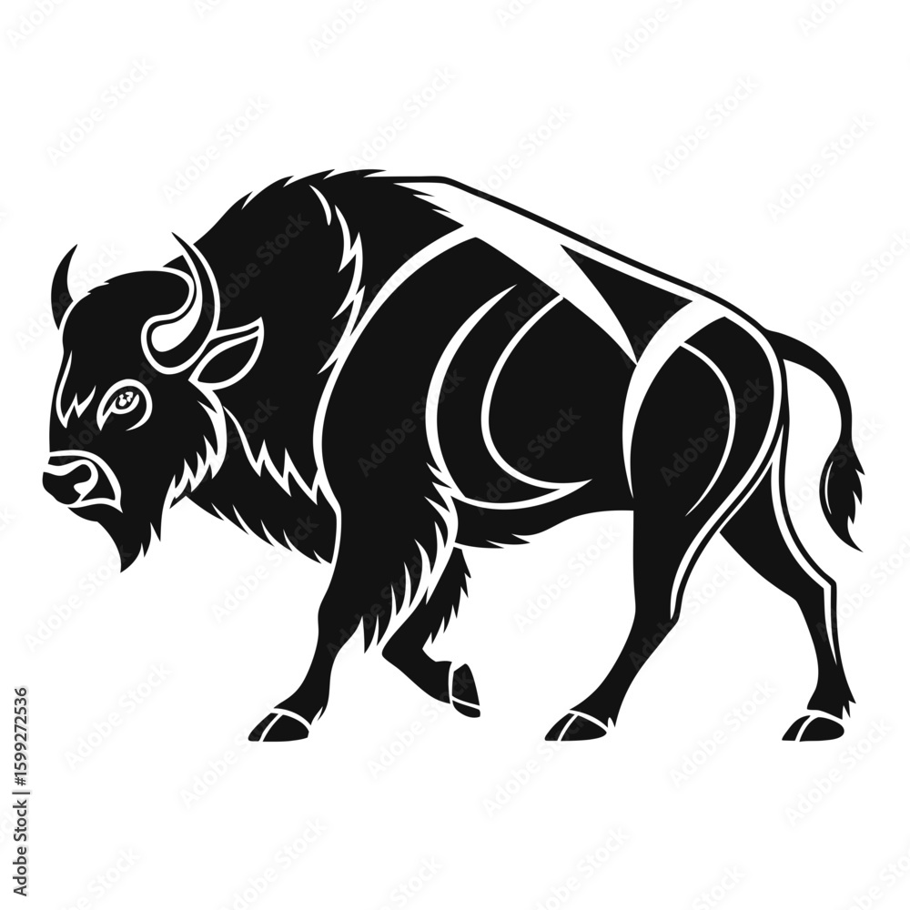 Fototapeta premium A black and white vector illustration of a bison walking with a stylized design on