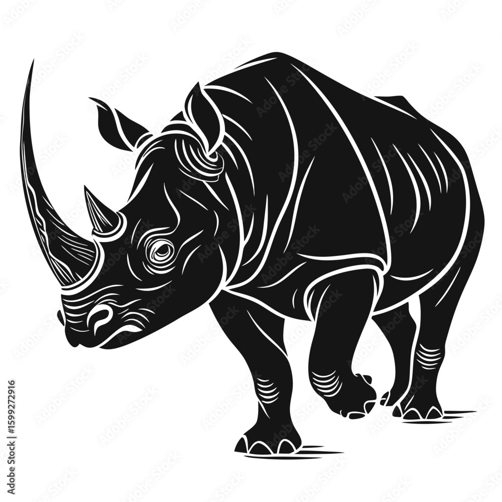 Fototapeta premium A large rhinoceros is walking forward with its horn and thick skin in a black and