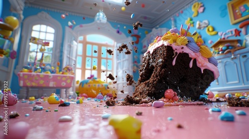 A chaotic birthday party scene, with a giant chocolate cake collapsing