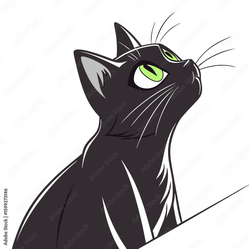 Obraz premium A black cat looks upward with green eyes in a vector illustration