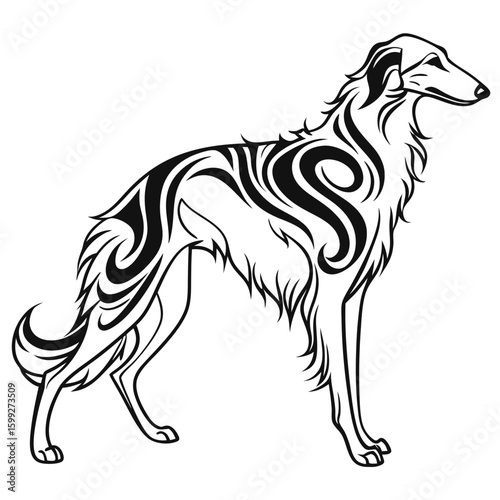 A black and white vector illustration of a borzoi dog with tribal tattoo patterns on
