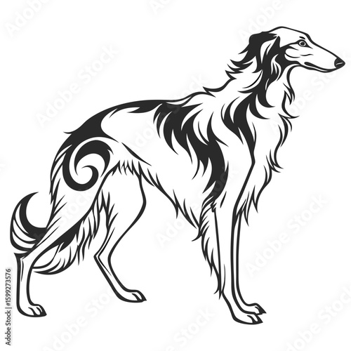 A black and white vector illustration of a borzoi dog with tribal tattoo patterns on