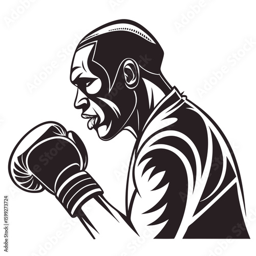 A black and white vector illustration of an intense boxer guarding his face with a