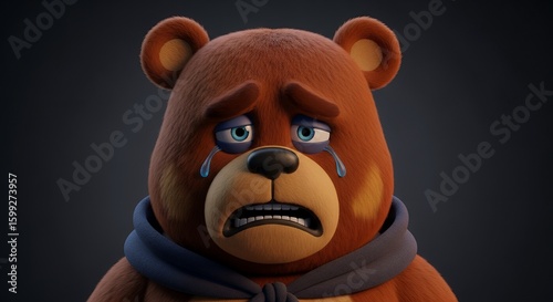 Animated Sad Bear Character with Tears and Distressed Expression in Dark Background