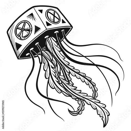 A geometrically designed jellyfish is swimming in the ocean with unique patterns