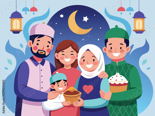 Happy Muslim Family Celebrating Eid Together eid celebration traditional food