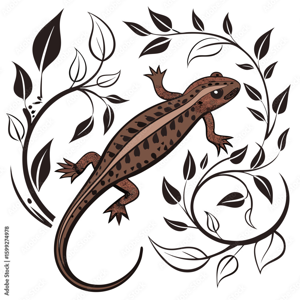 Naklejka premium A detailed illustration of a lizard with floral accents on a white background