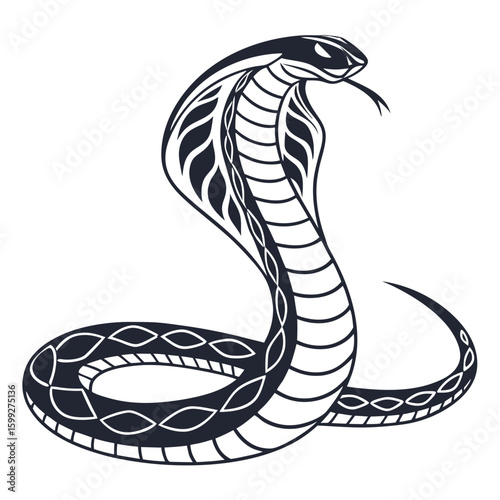 A black and white vector illustration of a cobra snake with its hood extended