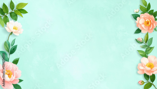 Delicate pink flower frame set against a tranquil blue background with ample copy space for illustrations