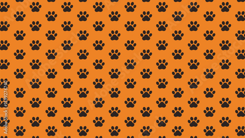 High-contrast paw mark seamless vector with dark prints on bright orange. Great for fabric, digital paper, and web