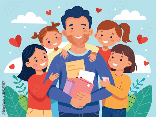 Father surrounded by happy children with gifts and hearts celebration
