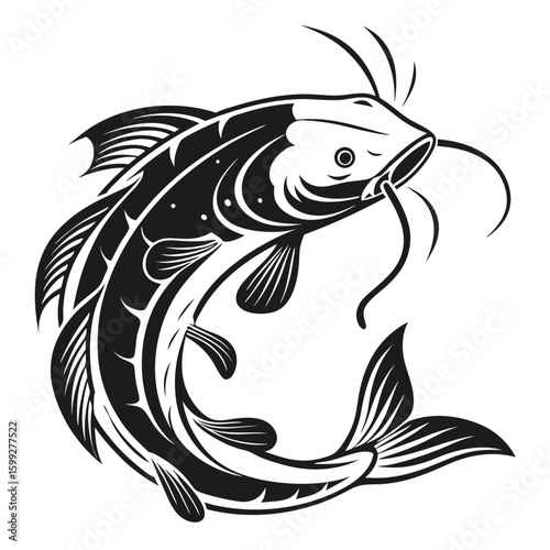 A detailed black and white vector illustration of a catfish gracefully swimming