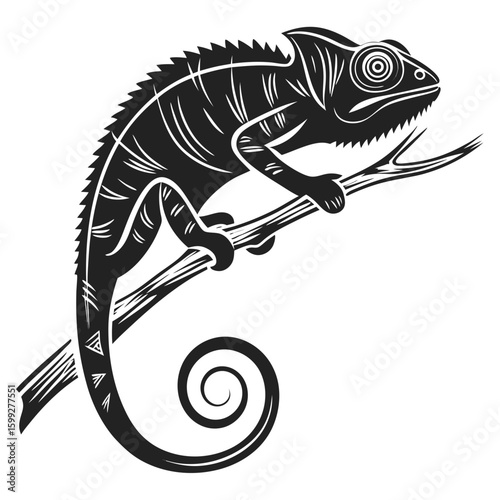 A black silhouette of a chameleon is clinging to a branch with its tail curled in a